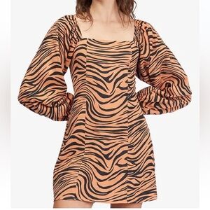 NWT Billabong Tiger Animal Print Square Neck Puff Long Sleeve Smocked Mink Dress